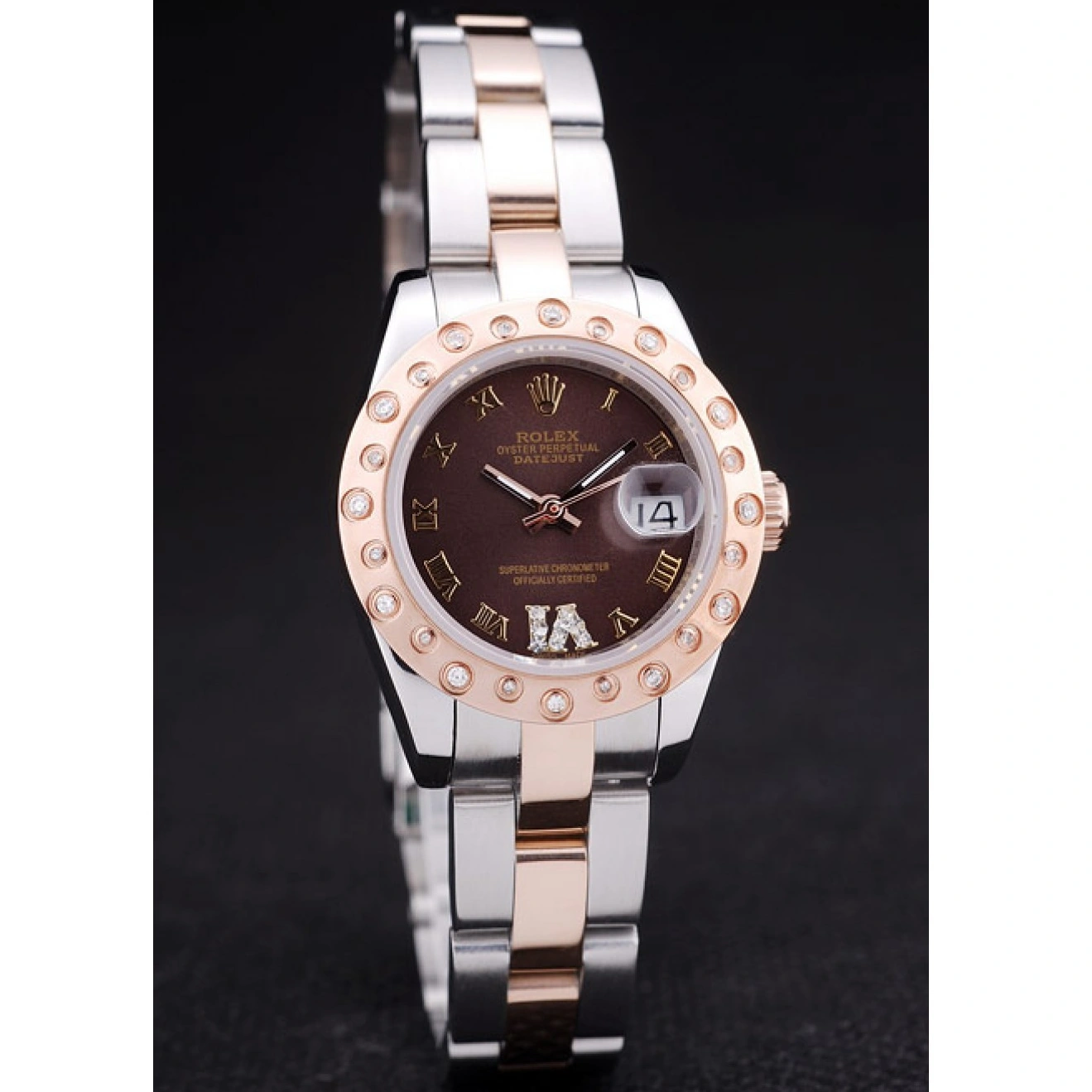 Aaa replica watch Datejust Polished 7475 Rose Diamonds Bezel Gold Dial Brown Rolex 1026